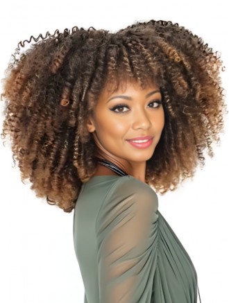 Wholesale Synthetic Afro Kinky Curly Wig – 14 Inch, Ombre Brown, 180% Density, Capless