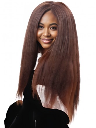 20 Inch Dark Reddish Brown Kinky Straight Synthetic Wig – Lace Front Mono Top Wholesale Wig for Black Women