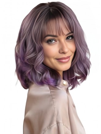 12 Inch Ombre Purple Short Wavy Bob Wig with Fringe – Heat Resistant Synthetic Cosplay Wig Wholesale