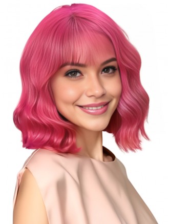 12 Inch Vibrant Hot Pink Short Wavy Bob Wig with Bangs – Heat Resistant Synthetic Cosplay Wig Wholesale