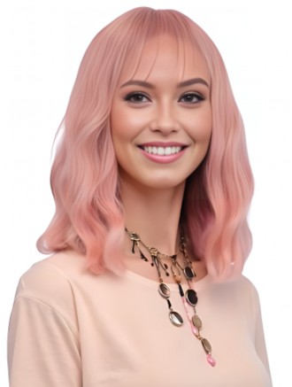 14 Inch Soft Pastel Pink Wavy Bob Wig with Bangs – Synthetic Costume Wig Wholesale