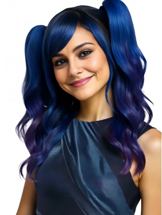 18 Inch Blue Purple Gradient Wig with 2 Detachable Ponytails – Wavy Synthetic Wig for Cosplay & Halloween
