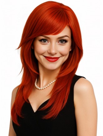 18 Inch Vibrant Red Straight Layered Wig with Bangs – Synthetic Cosplay Wig for Halloween & Party Use