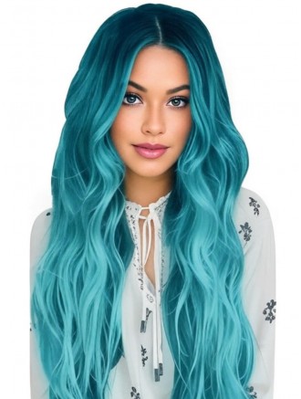 26 Inch Ombre Sapphire Blue Wavy Wig – Mono Top 100% Hand-Tied Cosplay Wig
