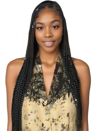 32 Inch Afro Braided Lace Wig – Knotless Box Braids with Human Hair, Pre-Plucked Hairline