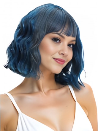 12 Inch Black Mixed Blue Wavy Bob Wig with Bangs | Synthetic Shoulder-Length Cosplay Wig Wholesale