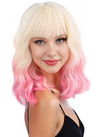 14 Inch Platinum Blonde Ombre Pink Wig with Bangs | Short Wavy Bob Synthetic Capless Cosplay Wig