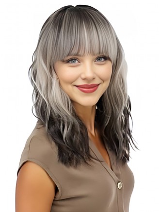 14 Inch Reverse Ombre Blonde to Black Wig with Bangs | Short Wavy Bob Synthetic Capless Wig Wholesale