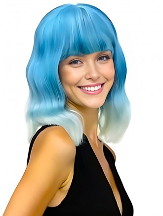 14 Inch Blue Ombre Straight Wig with Platinum Blonde Ends | Synthetic Capless Wig with Bangs Wholesale