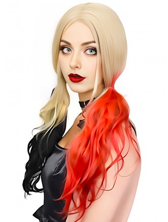 20 Inch Capless Synthetic Wig – Blonde with Red and Black Tips for Cosplay & Fashion