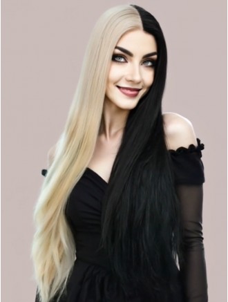 30 Inch Capless Split Dye Synthetic Wig – Blonde and Black Straight Cosplay Wig for Women