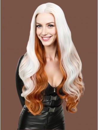 Wholesale Silver White and Warm Auburn Mixed 26 Inch Fluffy Wavy Capless Cosplay Wig