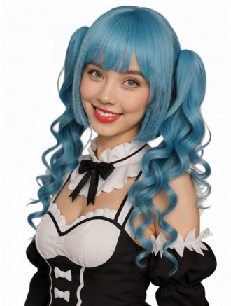 16 Inch Short Blue Bob Wig with Bangs and Detachable Curly Ponytails – Wholesale Anime Cosplay Wig