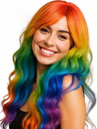 22 Inch Colorful Rainbow Long Wavy Synthetic Wig with Side Bangs – Wholesale Cosplay Wig for Women