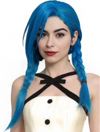 18 Inch Electric Blue Braided Cosplay Wig with Side Bangs – Synthetic Capless Anime Wig