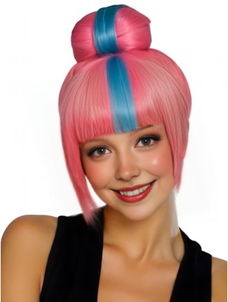 Pink Wig with Blue Highlights and Buns – Synthetic Cosplay Wig with Bangs – Wholesale