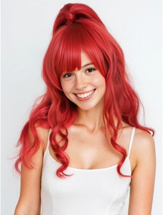 22 Inch Pink Wavy Cosplay Wig with Bangs – Capless Synthetic – Wholesale