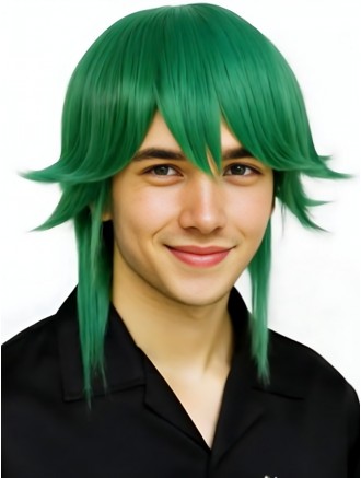 Green Layered Cosplay Wig for Men – 12 Inch Anime Synthetic Hair – Capless Design