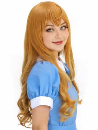 Golden Blonde Wavy Cosplay Wig with Bangs – 24 Inch Synthetic Hair for Women