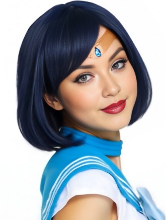 Dark Blue 10 Inch Straight Bob Cosplay Wig with Side Bangs – Capless Synthetic Wig for Halloween