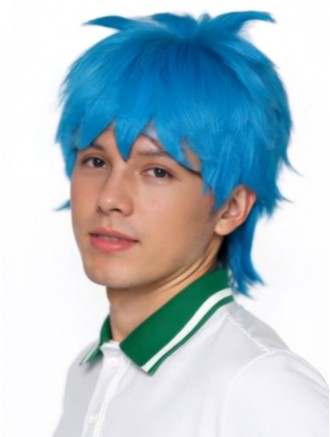Bright Blue 6 Inch Layered Straight Men’s Cosplay Wig – Capless Synthetic Halloween Anime Wig