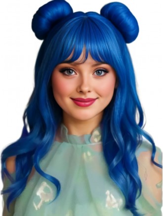 Royal Blue 18 Inch Cosplay Wig with Buns and Bangs – Synthetic Capless Anime Halloween Wig