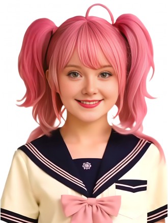 Pink Twin Tails Straight Cosplay Wig with Bangs – Capless Synthetic Anime Wig for Women