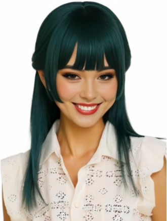 Dark Green Straight Cosplay Wig with Bangs – 16 Inch Synthetic Capless Wig for Women