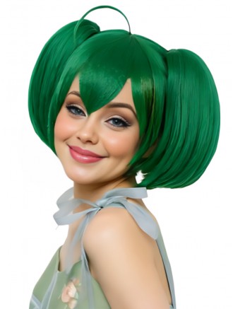Short Straight Green Twin Ponytail Synthetic Cosplay Wig – 10 Inch Wholesale Wig for Women