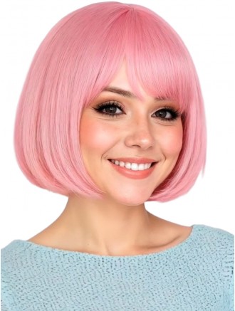 Pink Bob Wig with Bangs Cosplay Wig for Women – 10 Inch Synthetic Capless