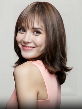 Wholesale 14 Inch Brown Wavy Human Hair Wig – Lace Front & Mono Top with Bangs
