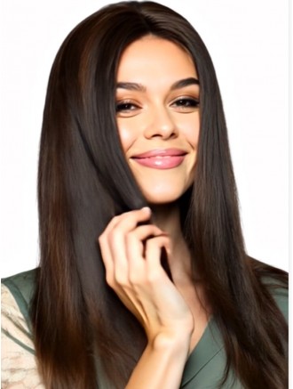 Wholesale Real Human Hair Wig – 16 Inch Straight Brown, No Bangs, Hand-Tied Mono Top