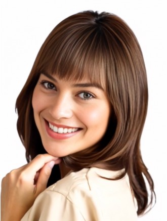 Wholesale Light Auburn Shoulder Length Human Hair Wig with Bangs – Straight Remy Capless Wig