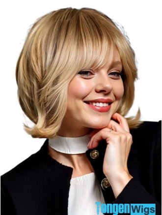 12 Inch Shoulder Length Blonde Straight Real Hair Wig with Bangs – 100% Hand-Tied Remy Human Hair Wig for Wholesale