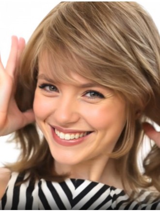 Wholesale Shoulder-Length Wavy Brown Wig – 12" Layered Remy Human Hair, 100% Hand-Tied Monofilament Top