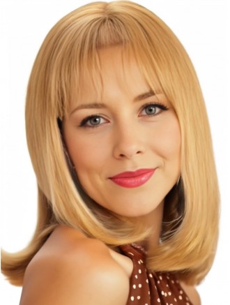 Blonde Human Hair Wig with Bangs 14 Inch Straight Remy Hair Wholesale