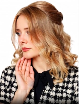Wholesale Discount 100% Real Human Hair Wigs – Hand-Tied Layered Wavy Blonde Shoulder-Length Wigs