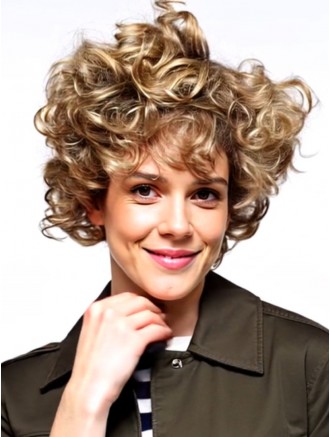 Wholesale Long Curly Blonde Human Hair Wigs with Bangs 14 Inch Lace Front