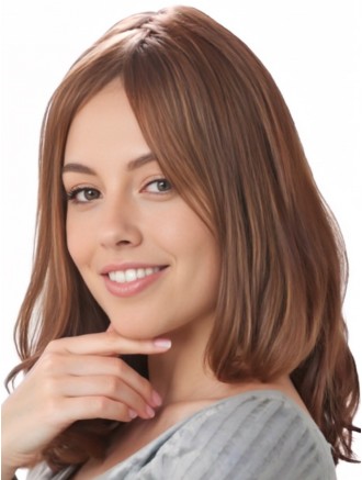 16 Inch Auburn Wavy Remy Human Hair Hand-Tied Wigs with Bangs for Wholesale