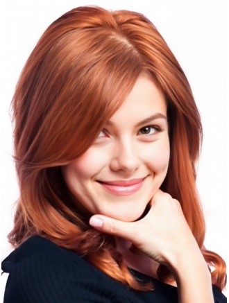 Wholesale 20 Inch Auburn Long Wavy Real Hair Lace Front Wigs With Bangs