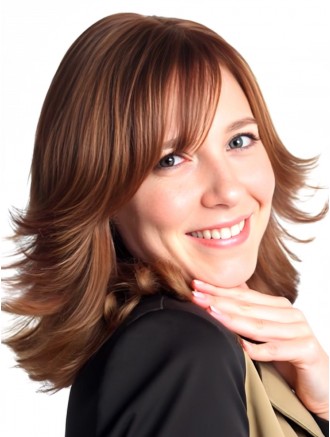 Wholesale Shoulder Length Petite Remy Human Hair Wig with Bangs – Wavy Auburn 100% Hand-Tied
