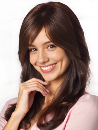 Wholesale Long Straight 18 Inch Human Hair Wig With Bangs – Remy Auburn Lace Front Wig