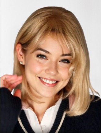 100% Hand-Tied Straight Blonde Bob Wig with Bangs – 12 Inch Shoulder-Length Affordable Remy Human Hair Wig