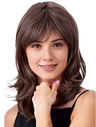 Wholesale 13-Inch Brown Wavy Wig with Bangs – Remy Human Hair Lace Front & Monofilament Capless Wig