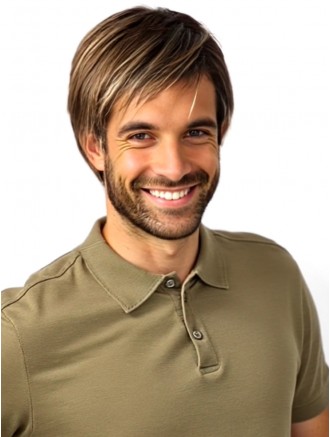 Wholesale 8 Inch Brown Straight Synthetic Monofilament Lace Front Wig with Bangs for Men