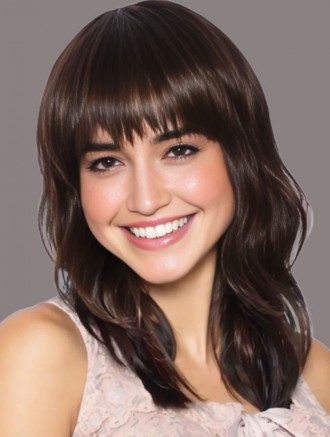 Wholesale 14 Inch Brown Wavy Synthetic Wig – Capless with Blunt Bangs