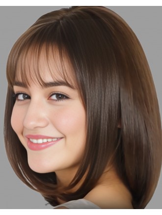 Wholesale 10-Inch Brown Straight Bob Wig with Bangs – Heat-Friendly Synthetic Capless Wig