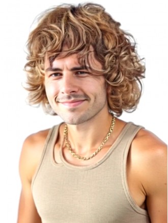 Wholesale Short Blonde Wavy Synthetic Men’s Wig with Bangs – Capless Design
