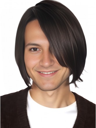 8 Inch Straight Full Lace Human Hair Wig with Bangs for Men – Natural Black Remy Wholesale