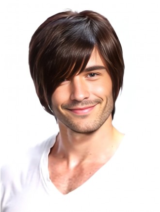 Short Brown Straight Remy Human Hair Wig for Men with Hand-Tied Mono Top and Lace Front Wholesale